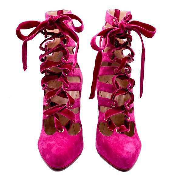 Brand new Christian Louboutin Spinetita 100 Pink Suede Leather Lace Up Bootie - Picture 8 of 13